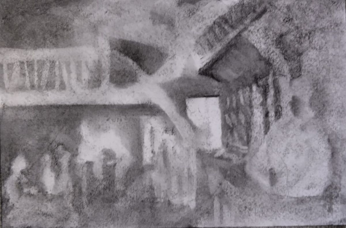 Intuitive rendition of a pub in charcoal